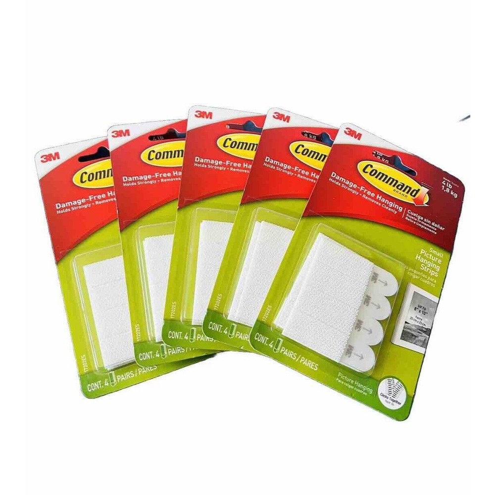 Lot Of 5-Command 3M-Picture Hanging Strips-Holds 4 Lbs- Small White-20 Pair-New